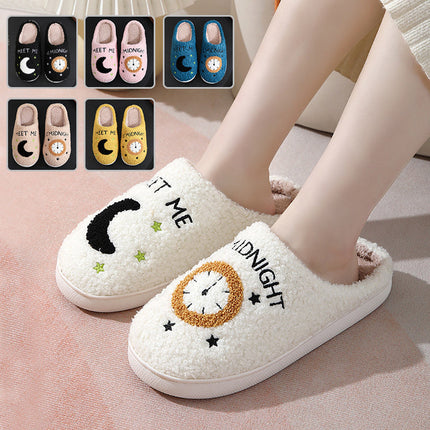 Cosy Moon & Clock Print Slippers - Plush Memory Foam House Shoes for Women | Anti-Slip Winter Warmth