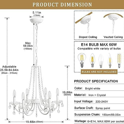 ASHUAQI Crystal Chandelier, 6 Lights Chandeliers Ceiling Light, Modern Chandelier White, E14 Base Pendant Light, Crystal Ceiling Lights for Living Room, Dining Room, Bedroom, Hallway, Kitchen