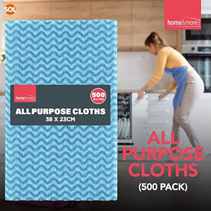 SOL 500pk All Purpose Cloths, 38x23cm Disposable Cleaning J Cloths Blue, Soft, Absorbent, Gentle & Reusable for Household and Professional Cleaning, Ideal for Polishing, Dusting, Washing Dishes