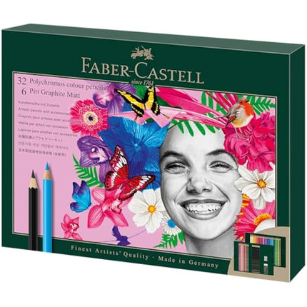 Faber-Castell 210053 Drawing Set 40 Pieces with Polychromos Colouring Pencils and Pencils Pitt Graphite Matt, Includes Sharpener and Eraser
