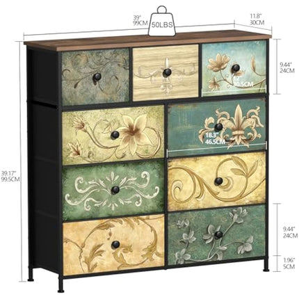 VEDECASA Dresser with Drawer for Bedroom with 9 Fabric Drawers Retro Floral Pattern Chest of Drawer Dresser for Living Room Nursery Entryway Closet Wood Board Metal Frame