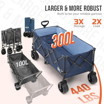Overmont 300L Extra Large Folding Festival Trolley Cart - All-terrain Wide Wheels and Brake - Heavy Duty Cart Load up 200KG - with Adjustable Handle & Cover Bag - Wagon for Beach Camping Garden blue