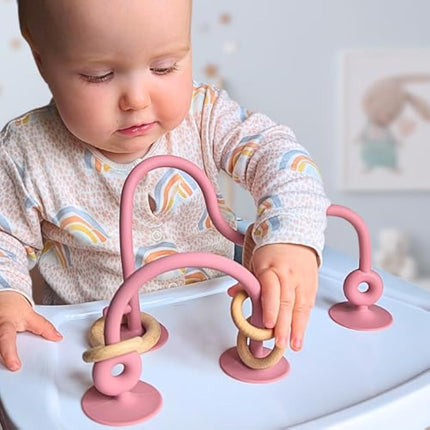 Infatot® Teething Suction Toy – Wood & Silicone Baby Toys 0-6 Months, Sensory Toy for Early Development, Suction Teether for High Chair, Baby Gift for Boys and Girls - Cream