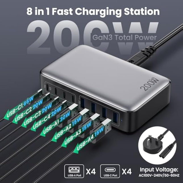 200W USB C Fast Charger Block,Upgraded GaN III 8-Port Charging Station Hub,PD 65W Laptop Charger Power Adapter Compatible with MacBook Pro/Air,Steam Deck,Dell XPS,iPhone 16 Pro/15,Galaxy S24/S23 etc