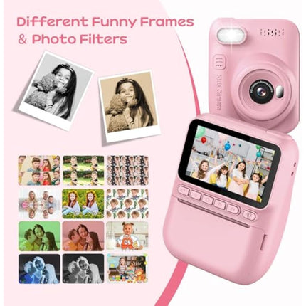 GREENKINDER Kids Camera Instant Print, 3.0'' Large Screen Instant Camera for Kids, 1080P Kids Digital with 32GB Card & 3 Rolls Print Paper, Gift Toy Selfie for Girls Age 3-12, Pink