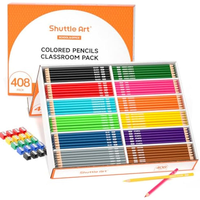 Shuttle Art 408 Pack Colouring Pencils Bulk, Coloured Pencil Set for School Plus 20 Sharpeners, 12 Colours School Pack Colouring Pencils for Kids, Class pack School Supplies