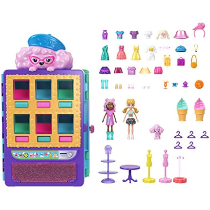 Polly Pocket Playset & 2 Dolls (3-inch), Candy Style Fashion Drop Vending Machine, 2-Stories, 35+ Pieces of Furniture, Clothes & Accessories, HKW12
