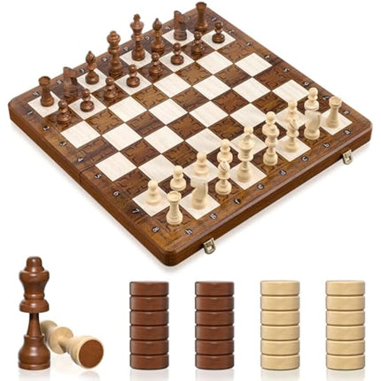Tumu 2 in 1 Chess Set for Adults Kids - 16 Inch Magnetic Wooden Chess Board with Checkers, 2 Extra Queens, Folding Travel Chess Set with Storage Slots, Gift Toys for Boys Girls