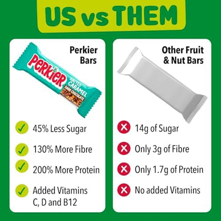Perkier Variety Box,18 bars, 6 Flavours, Vegan, Gluten Free, Protein, High Fibre, Lower Sugar Snack, Natural Ingredients, Lower Calorie, Healthy, No Palm Oil, Nut Bar, Carbon Neutral