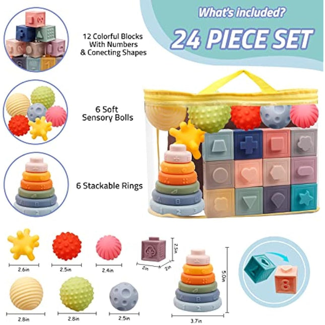 24 Pack Montessori Toys for Babies, Soft Building Blocks for Baby, Sensory Teethers Toy Educational Squeeze Play Stacking Toys Gifts for Baby Boys Girls 6 9 12 Months 1 2 3 Year Old