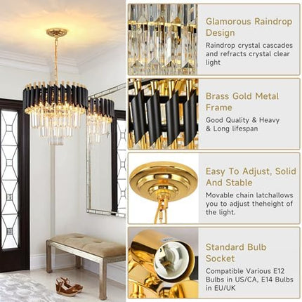 AOOCHOK Black and Gold Crystal Chandelier Pendant Light, Small Modern Crystal Chandelier for Entryway, Corridor, Balcony, Porch, Restaurant, Door Opening, E27 x 3, Φ40cm