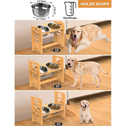Vantic Large Elevated Dog Bowls, Adjustable Raised Dog Bowls, Bamboo Hund Feeding Station with 2 Stainless Steel Dishes