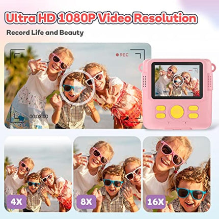 OPERHOO Kids Camera Girls Boys, Kids Instant Print Camera Toy 3-14 Year Old, 1080P HD Kids Digital Camera with Photo Paper Birthday Gifts 3 4 5 6 7 8 9+ Year Old Girl 6 Colour Pens 32GB SD Card