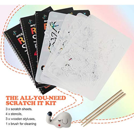 Mocoosy Scratch Art for Kids- 3 Large Rainbow Scratch Notebooks, Magic Scratch Art Paper Pads, Arts and Crafts for Kids Toys Girls Birthday Presents Drawing Activity Gifts for 3-12 Year Old Girls Boys