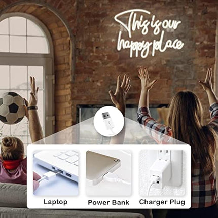 Looklight This is Our Happy Place Neon Sign Warm White Neon Signs for Wall Decor, Letter Light Sign Happy Place Light Up Signs for Bedroom Kids Room Home Bar Birthday Wedding Party Game Room