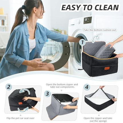 HEGGCOOE Small Dog Car Seat, Memory Foam Dog Booster Seats with Thick Cushion for Medium Dogs Under 35lbs, Detachable Washable Pet Car Seat with Storage Pockets,2 Safety Belts