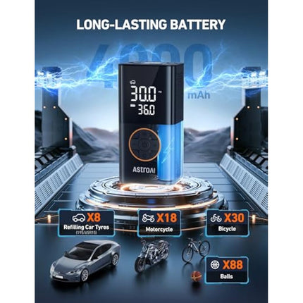 AstroAI Car Tyre Inflator Air Compressor, Portable USB Rechargeable Electric Bike Pump 150 PSI, Tyre Pump with Pressure Gauge Digital Dual Values Display, for Car, Bike, Motorbike, Ball