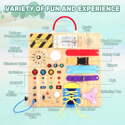 23 in 1 Busy Board Montessori Toys from 1 year Activity Board Wooden Toy With 15 Switches, 26 LED Lights, Motor Skills Toy for 1 2 3 year old boys and girls