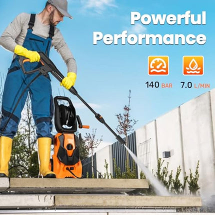 Pressure Washers 1800W,140Bar, Jet Washers Pressure Washers with Hose Reel Adjustable Nozzles & Foam Tank Power Cord, Power Washer for Yard, Cars, Garden, Furniture.
