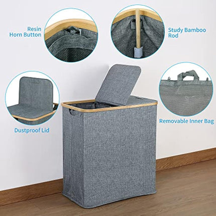 Efluky 140L Large Divided Wash Basket with Lid, 2 Section, Blue-grey