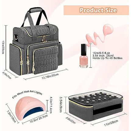 Betoores Nail Polish Organiser, Double Layer Nail Polish Case with 2 Removable Bags Hold 70 Bottles (15ml - 0.5 fl.oz) Nail Varnish Storage Bag for Nail Dryer Manicure Tool, Nail Supplies - Grey