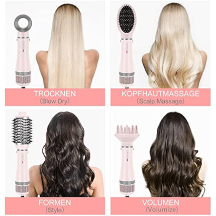 4 in 1 Hair Dryer Brush Set, Multi Air Styler with 4 Attachments as Hairdryer, Hot Air Brush, Hair Diffuser, Hot Brush for Hair Styling, Ionic Care Frizz-Free, Pink