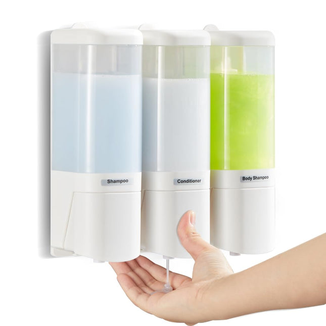 Szmst 480ML Wall Mounted Shampoo and Conditioner Dispenser,No Drill Shower Gel Dispenser,3 Chamber Liquid Soap Storage Container for Bathroom (302A