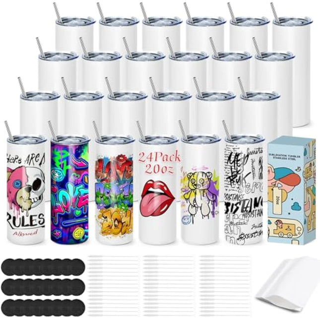 Cafultgo 20OZ Sublimation Cup, Set of 24 Sublimation Blanks Skinny Tumbler 20 OZ White Straight Bulk Stainless Steel Tumbler, with Lid and Straw, Shrink Wrap, Individually Boxed, Blank White（24PCS）