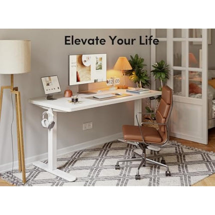 FEZIBO Electric Height Adjustable Standing Desk, 60x140cm Ergonomic Home Office Table with Splice Board & White Wood Grain Surface, Upgraded Stable Steel Frame for Sit-Stand Workstation