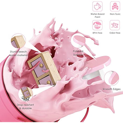 Lawcephun Wooden Dollhouse Furniture Set, 5 Room Kit 22 Piece Miniature Wood Accessories, Including Kitchen, Dining Room, Living Bedroom, Bathroom Playhouse Family Figures Play Toy, Pink (WT06)