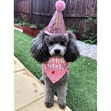 BIPY Dog 1st Birthday Hat Bandanas Set for Girls Small Medium Pets Pink Headdress Costumes Grooming Supplies for Party Celebration Decoration