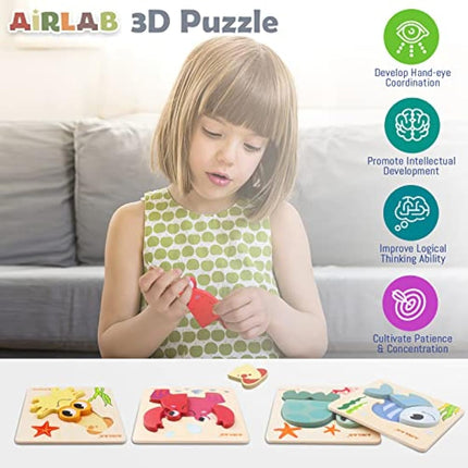 Airlab Montessori Toys for 1 2 3 Year Old Girls Boys, Wooden Jigsaw Baby Chunky Shape Puzzles, Fine Motor Skills Sensory Learning & Educational Travel Toys, First 1st Birthday Gifts