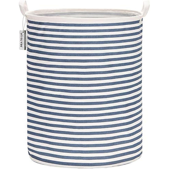 Sea Team 19.7 Inch Large Sized Waterproof Coating Ramie Cotton Fabric Folding Laundry Hamper Bucket Cylindric Burlap Canvas Storage Basket with Stylish Blue Stripe Design
