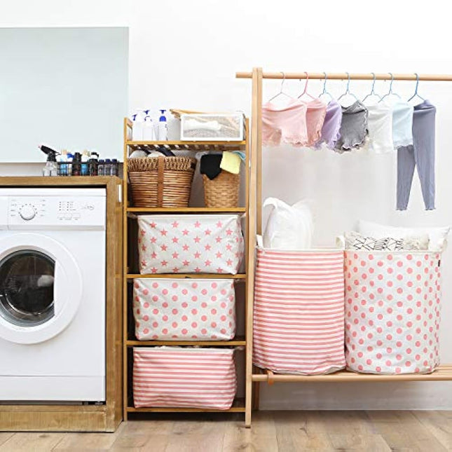 Sea Team 19.7 Inch Large Sized Waterproof Coating Ramie Cotton Fabric Folding Laundry Hamper Bucket Cylindric Burlap Canvas Storage Basket with Stylish Pink Dot Design