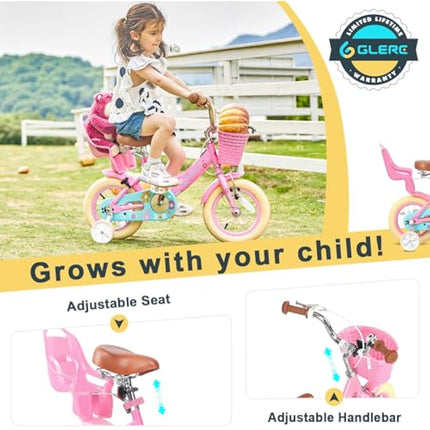 Glerc Maggie  14  Inch Kids Bike for 2-13 Years Old, Girls Bicycle with Doll-Seat & Basket & Stabilisers & Kickstand, Multiple Colors