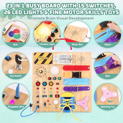 23 in 1 Busy Board Montessori Toys from 1 year Activity Board Wooden Toy With 15 Switches, 26 LED Lights, Motor Skills Toy for 1 2 3 year old boys and girls