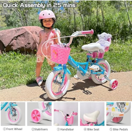 Glerc Maggie 12 Inch Kids Bike for 2-13 Years Old, Girls Bicycle with Doll-Seat & Basket & Stabilisers & Kickstand, Multiple Colors
