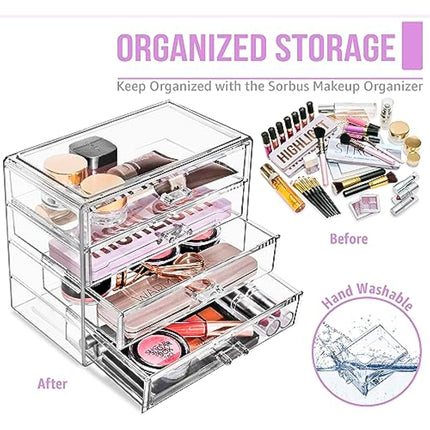 Sorbus Makeup Organizer - 4 Drawer Acrylic Make Up Organizers and Storage for Cosmetics, Jewelry, Beauty Supplies, Clear Makeup Organizer for Vanity, Girl's Room, College Dorm, Counter, Bathroom Sink
