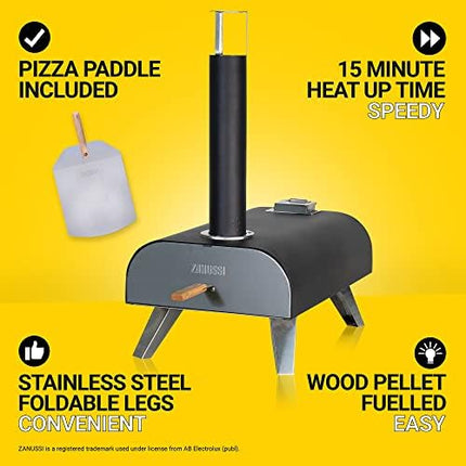 Zanussi ZPO1BPC Outdoor 12 Inch Wood Pellet Portable Wood Fired Pizza Oven with Paddle and Cover in Black, BBQ Oven & Smoker, Stainless Steel Foldable Legs