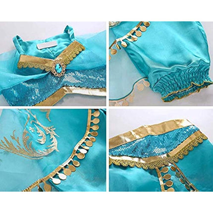 Atorcher Jasmine Princess Costume for Girls Sequined Princess Costume Set Dress Up for Kids World Book Day Costume for Girls