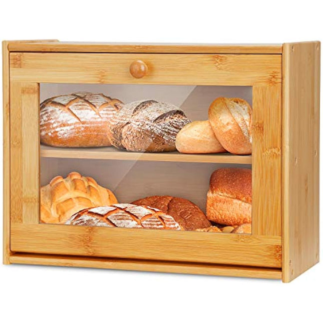 Double Layer Bamboo Bread Box with Clear Window, Large Capacity Bread Storage Bin- Kitchen Countertop Storage Box for Bread, Pastries & Baked Goods - Easy Self-Assembly Organizer