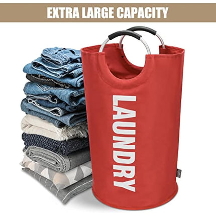 DOKEHOM 90L Large Laundry Basket, Collapsible Laundry Bag, Freestanding Tall Clothes Hamper, Foldable Washing Bin (Red)