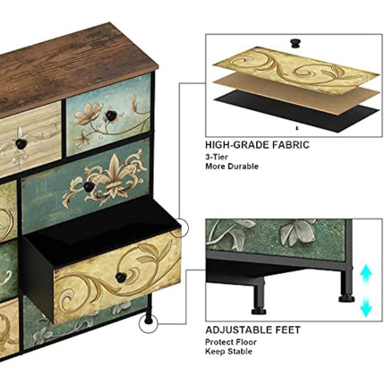 VEDECASA Dresser with Drawer for Bedroom with 9 Fabric Drawers Retro Floral Pattern Chest of Drawer Dresser for Living Room Nursery Entryway Closet Wood Board Metal Frame