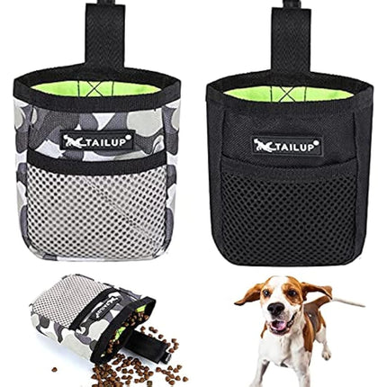 Lanjue 2 Pieces Small Dog Treat Bags, Black and Camouflage Color Dog Treat Pouch with Waist Belt Clip 600D Oxford Cloth Dog Walking Bag Treat Pouch for Dog Training