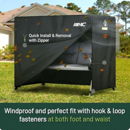 AWNIC 3 Seater Garden Swing Seat Cover Waterproof, 420D Swing Chair Covers Windproof Anti-UV Heavy Duty Fabric Large Outdoor Garden Hammock Cover with Zips 210x125x170cm Black
