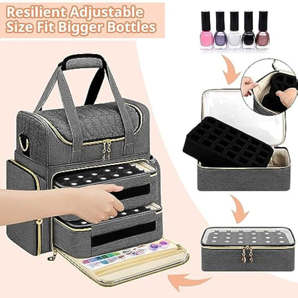 Betoores Nail Polish Organiser, Double Layer Nail Polish Case with 2 Removable Bags Hold 70 Bottles (15ml - 0.5 fl.oz) Nail Varnish Storage Bag for Nail Dryer Manicure Tool, Nail Supplies - Grey