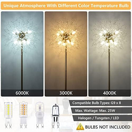 Rayofly Modern Floor Lamp, Golden Fireworks Crystal Floor Lamps for Living Room, 8-Lights Crystals Standing Lamps with Foot Switch, Glass Metal, Elegant Design Tall Lamp for Bedroom, Beside, G9, 175cm