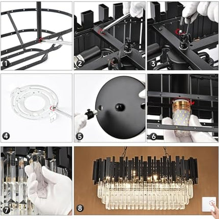 AOOCHOK Modern Crystal Chandelier Black Pendant Light Fixtures, Oval Crystal Pendant Lighting for Living Room, Dining Room, Bedroom, Restaurant, E14 x 8, 80 x 35 cm