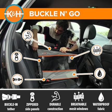 K&H Pet Products Buckle N' Go Dog Car Seat for Large Dogs, Waterproof Fabric with Breathable Mesh & Adjustable Dog Seat Belt for Car, Dog Hammock for Car, Dog Carrier Dog Car Seat Cover - Gray MD/LG
