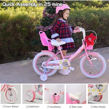 Glerc Maggie 16 Inch Kids Bike for 2-13 Years Old, Girls Bicycle with Doll-Seat & Basket & Stabilisers & Kickstand, Multiple Colors